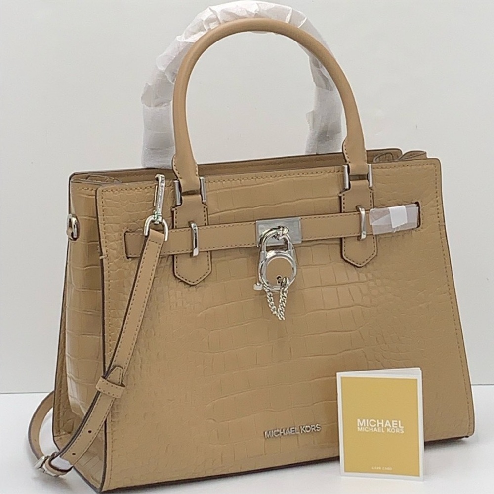 Michael Kors Hamilton Medium
Satchel Crossbody Croc Embossed CAMEL + Purse Hook